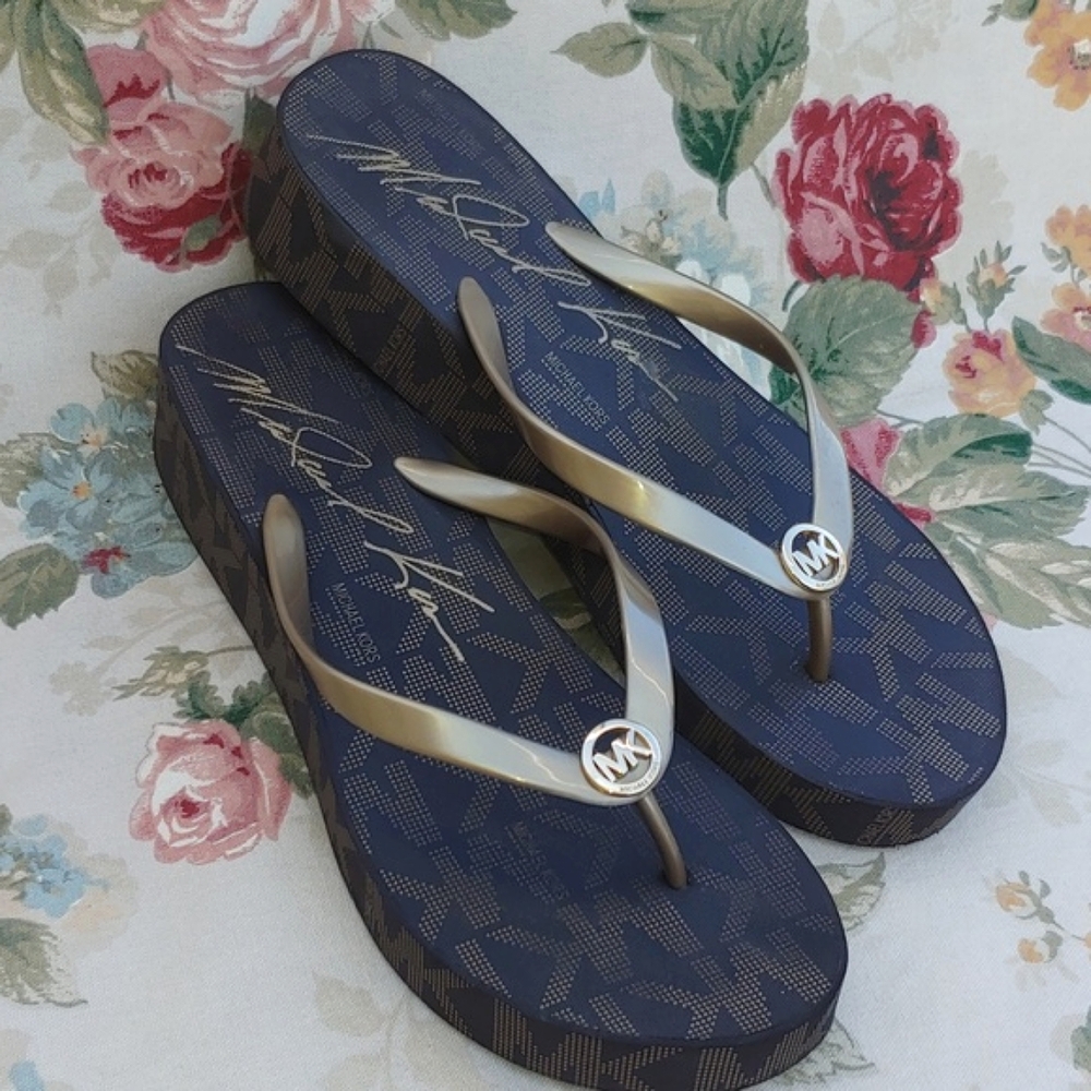 Michael Kors Bedford Gold and Brown Platform Wedge Sandals Women's size 11 - Picture 3 of 17